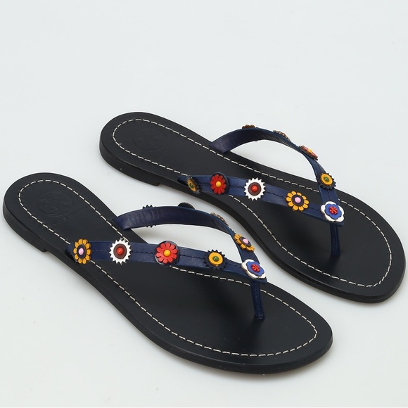 Tory Burch Marguerite Terra Leather Flip Flop Sandals in Navy Flowers - Picture 1 of 8